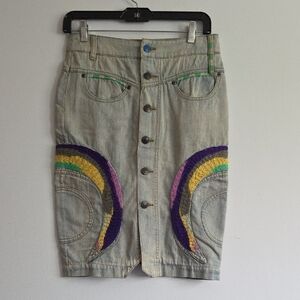 Oilily Denim Pencil Skirt with Purple, Yellow, and Green Accents